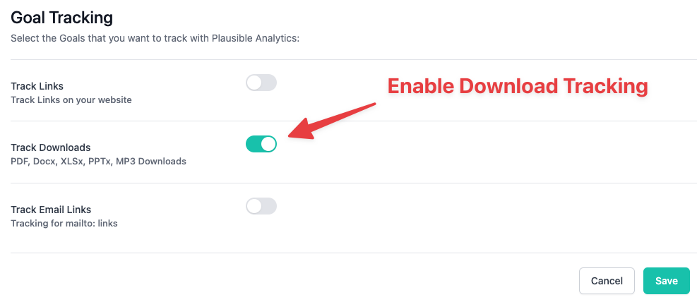 Enable Download Tracking for Plausible Analytics in WordPress.