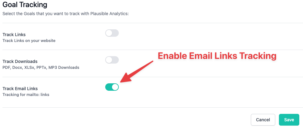 Enable Email Link Tracking (mailto) in Plausible Analytics.